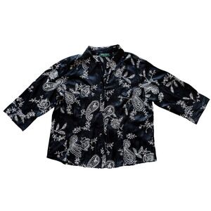 Lemon Grass Studio Button Down Blouse Black White Paisley Embroidered Womens Lrg
